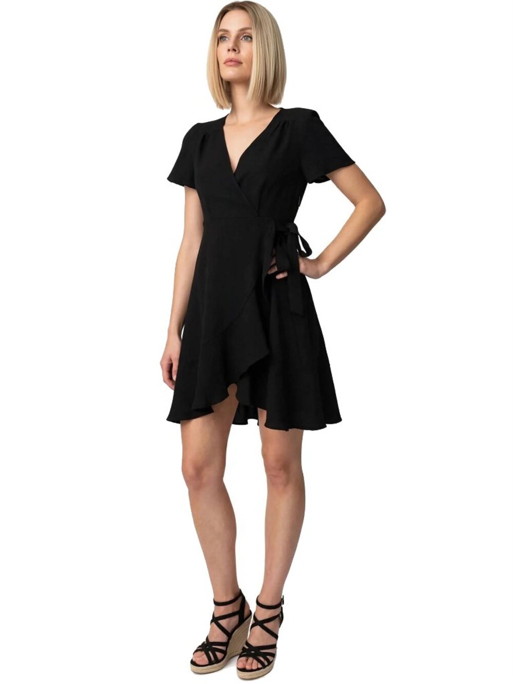 ALTAR'D STATE Black Dress Faux Wrap Cold Shoulder Fit Flare Asymmetrical V-Neck